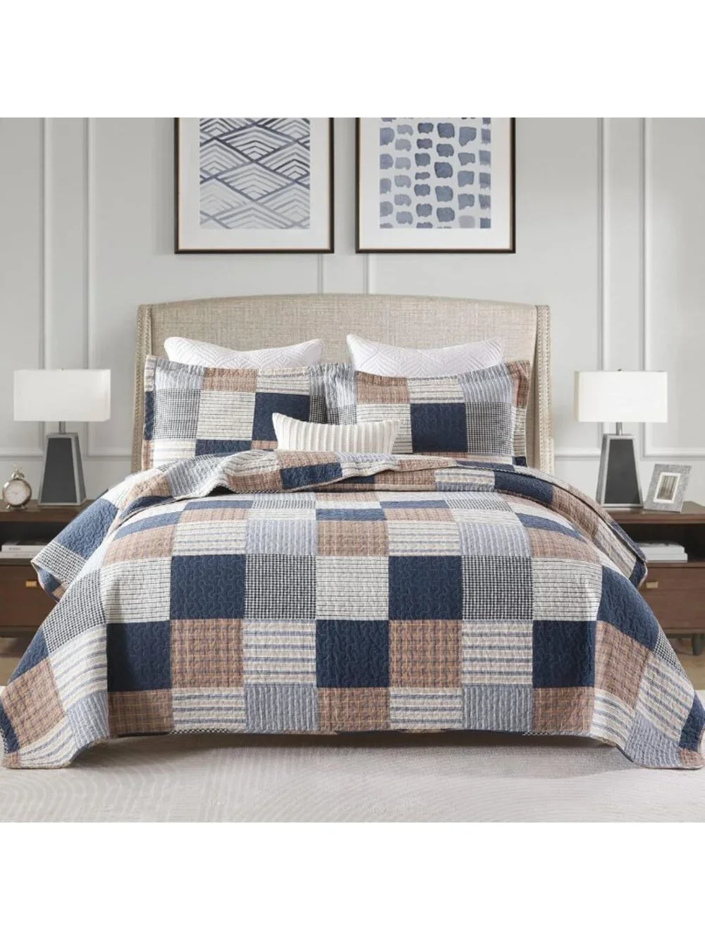 Cozy 100% Cotton Queen Quilt Set - Reversible Patchwork Plaid Bedding, Farmhouse